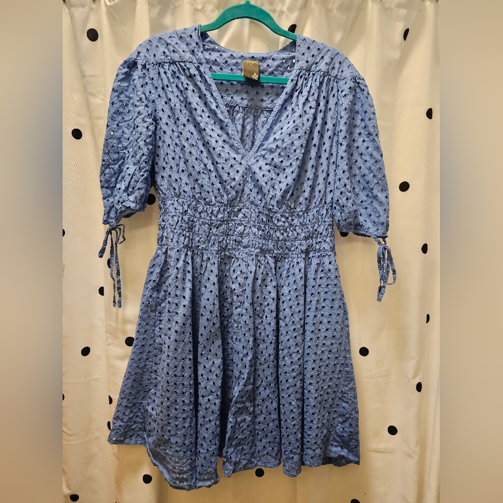 Taylor blue cotton eyelet V-neck short puff sleeve spring/summer dress 14